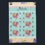 Custom French Pastel Purple Aqua Pansy Womans Name Theedoek<br><div class="desc">Shabby Chic Floral Aqua Stripe Christmas Stocking. From my own art design.</div>