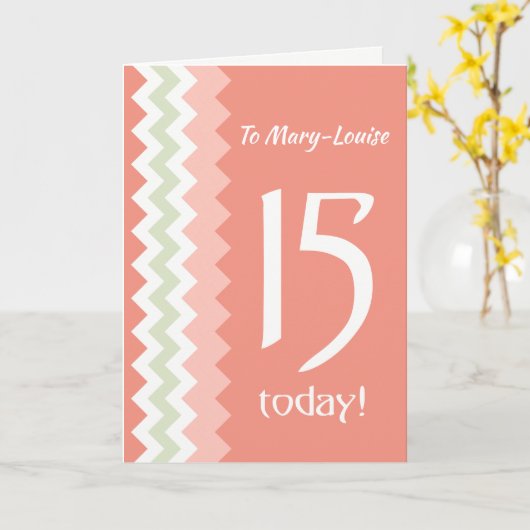 Custom Front 15e verjaardag, koraal, munt Chevrons Kaart (Gele Bloem)