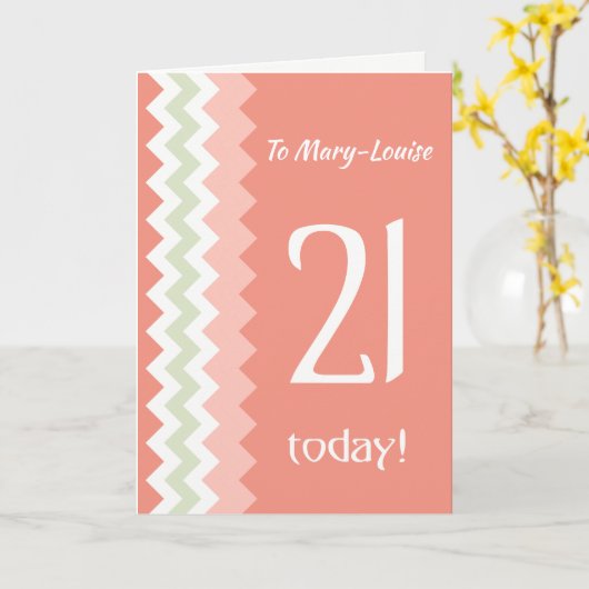 Custom Front 21e verjaardag, koraal, munt Chevrons Kaart (Gele Bloem)