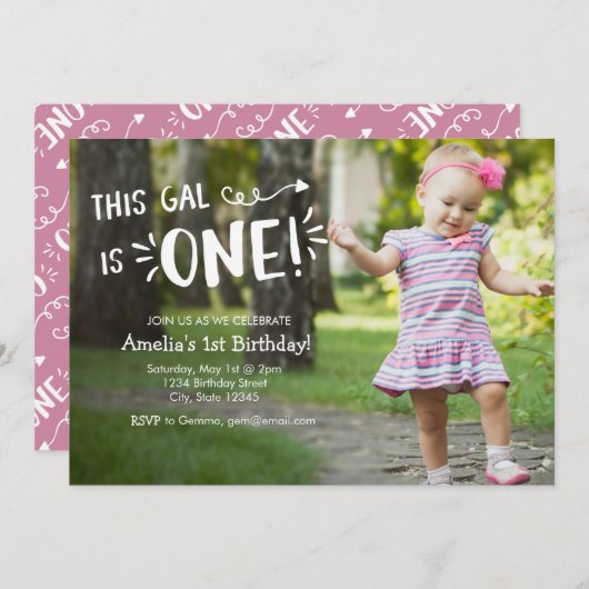 Custom Full Photo Girl Eerste Verjaardag Uitnodigi Kaart (Voorkant / Achterkant)