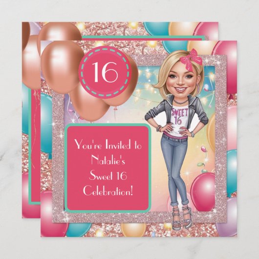 Custom Fun & Fabulous Sweet 16 Karikatuur Ontwerp Kaart (Voorkant / Achterkant)