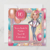 Custom Fun & Fabulous Sweet 16 Karikatuur Ontwerp Kaart (Voorkant)