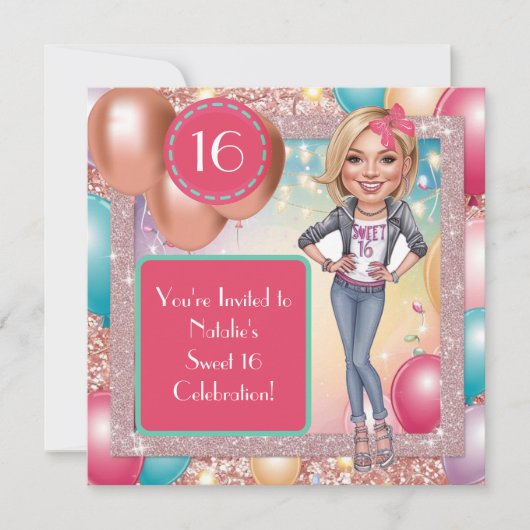 Custom Fun & Fabulous Sweet 16 Karikatuur Ontwerp Kaart (Voorkant)