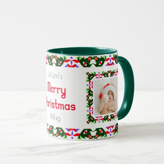 Custom Fun Jolly Christmas Green Patroon Foto Thee Mok (Voorkant rechts)