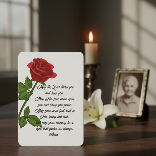 Custom Funeral Memorial Card with Prayer and Rose Bedankkaart