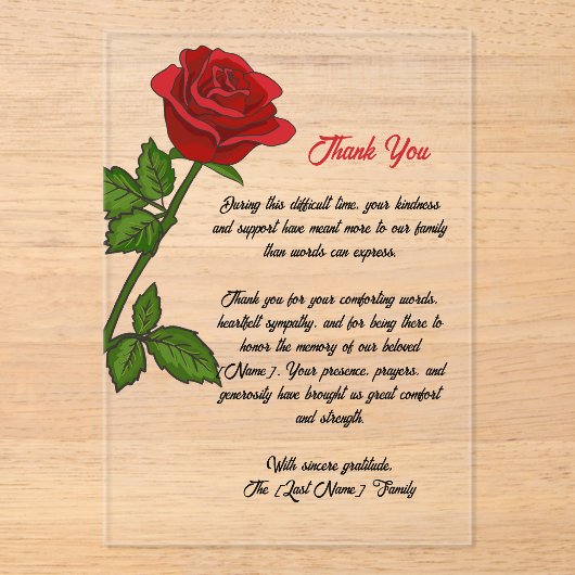 Custom Funeral Thank You Card Acryl Uitnodigingen (Voorkant)