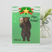 Custom Funny Modern Christmas Bear with flowers  Feestdagenkaart (Staand voorkant)