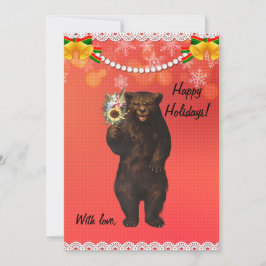 Custom Funny Modern Christmas Bear with flowers  Feestdagenkaart