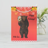 Custom Funny Modern Christmas Bear with flowers  Feestdagenkaart (Staand voorkant)