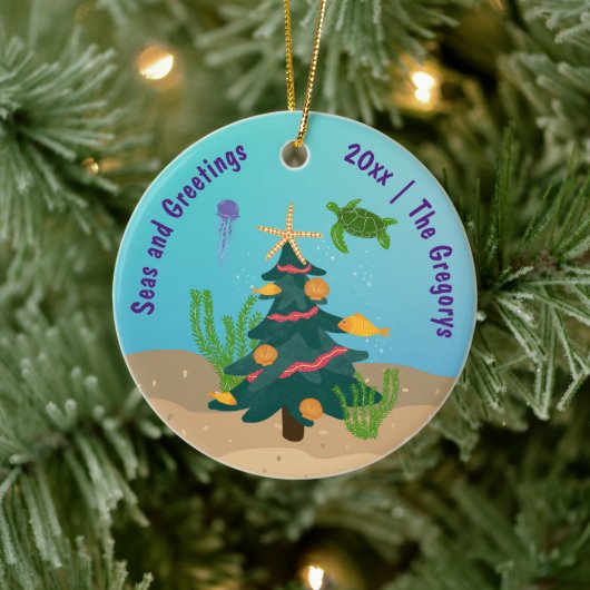 Custom Funny Zeeen en Groeten Ocean Holiday 2024 Keramisch Ornament (Boom)