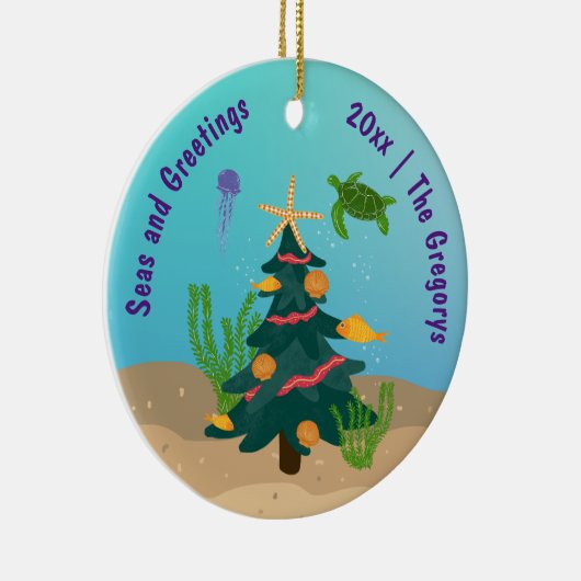 Custom Funny Zeeen en Groeten Ocean Holiday 2024 Keramisch Ornament (Rechts)