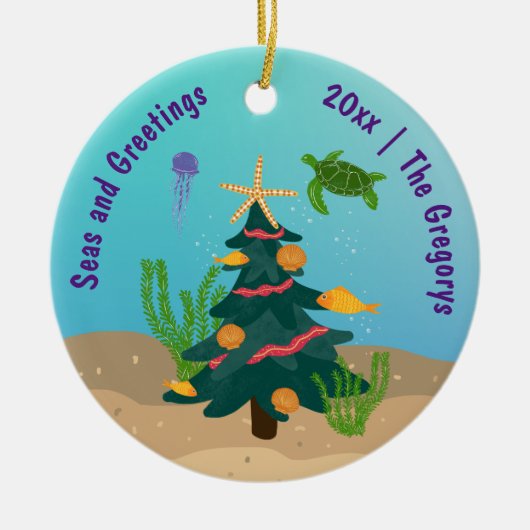 Custom Funny Zeeen en Groeten Ocean Holiday 2024 Keramisch Ornament (Voorkant)