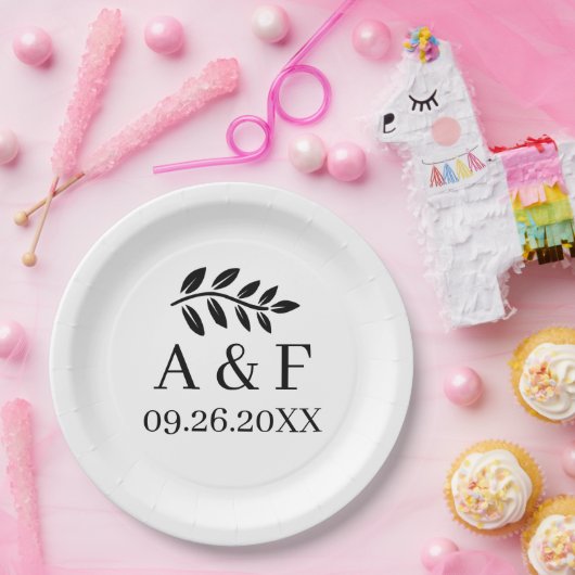 Custom Gedrukte Borden Hedendaags Leaf Monogram Papieren Bordje (Feest)