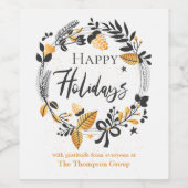 Custom | Gele zwarte krans PRETTIGE FEESTDAGEN | Wijn Etiket (Enkel label)