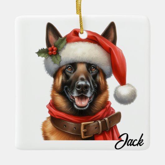 Custom Gelukkige Belgische Malinois Hond met Santa Keramisch Ornament (Voorkant)