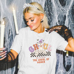 Custom Ghoul Gang Halloween Party Bach Party Groep T-shirt<br><div class="desc">Maak je klaar om een hel op te wekken met je ghoul bende! Deze griezelige en sassy Halloween party shirten zijn perfect voor vrijgezellenbashes, meisjes avonden uit, of een Halloween feest. Deze bijpassende t - shirts met aangepaste hilarische zinnen zullen een vleugje griezelig plezier toevoegen aan uw meisje bende verzamelen...</div>