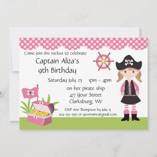Custom Girl Pirate Birthday Party Kaart (Voorkant)