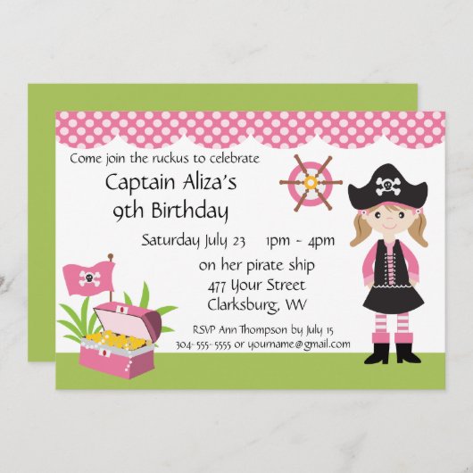 Custom Girl Pirate Birthday Party Kaart (Voorkant / Achterkant)