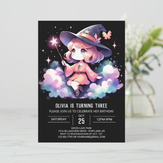 Custom Girl Wizard Verjaardag Kaart (Staand voorkant)