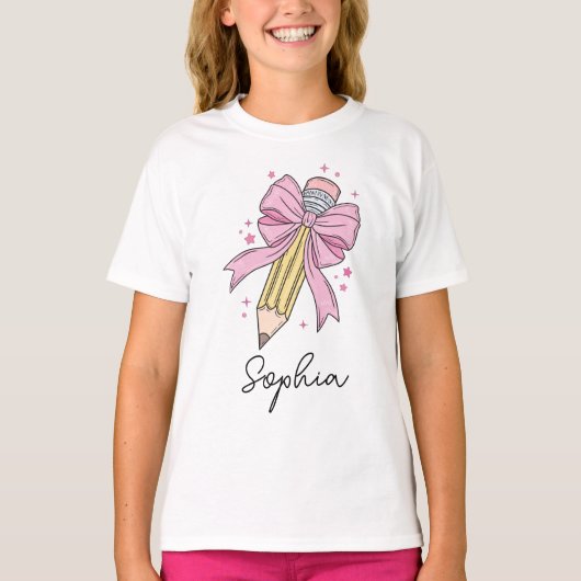 Custom Girls Back to School Coquette Pencil Bow T-shirt (Voorkant)