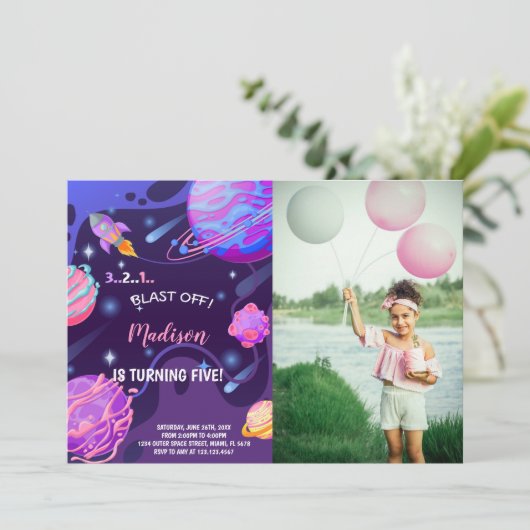 Custom Girls Space Party Uitnodigen Kaart (Staand voorkant)