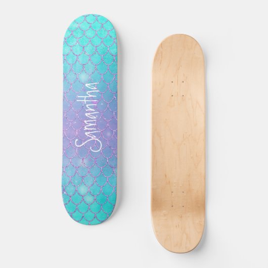 Custom Girly Glitter Zeemeermin Blauw en Roze Persoonlijk Skateboard (Voorkant)