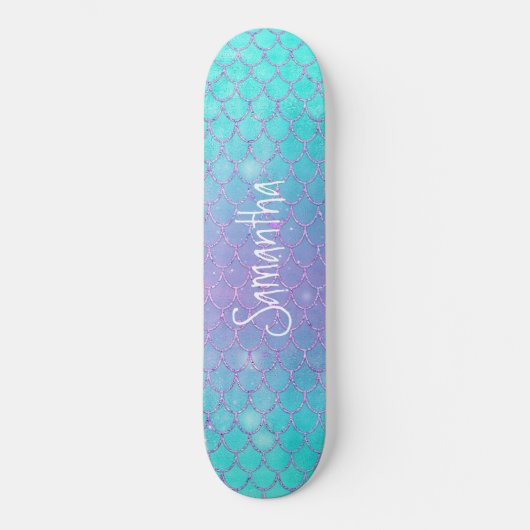 Custom Girly Glitter Zeemeermin Blauw en Roze Persoonlijk Skateboard (Voorkant)
