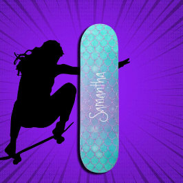 Custom Girly Glitter Zeemeermin Blauw en Roze Persoonlijk Skateboard