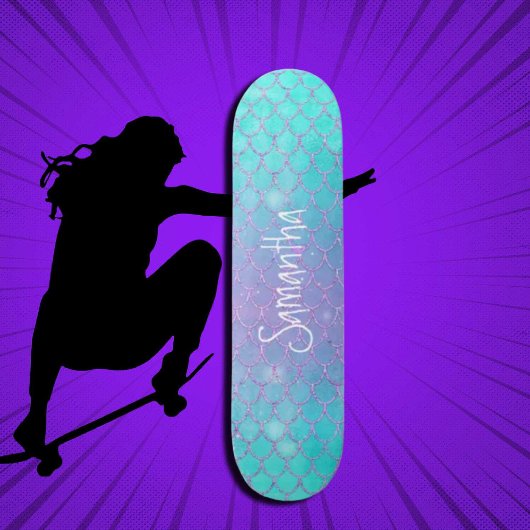 Custom Girly Glitter Zeemeermin Blauw en Roze Persoonlijk Skateboard