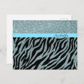 Custom Girly Glitter Zilver Blauwgroen Zebra Glam  Briefkaart (Voorkant / Achterkant)