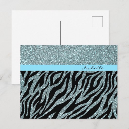 Custom Girly Glitter Zilver Blauwgroen Zebra Glam Briefkaart (Voorkant / Achterkant)
