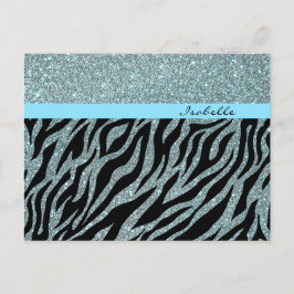 Custom Girly Glitter Zilver Blauwgroen Zebra Glam  Briefkaart