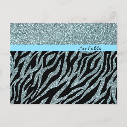 Custom Girly Glitter Zilver Blauwgroen Zebra Glam  Briefkaart (Voorkant)