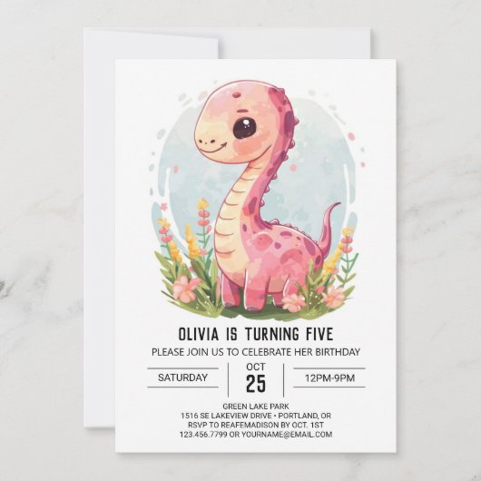 Custom Girly Printable Dinosaurus Meisje Verjaarda Kaart (Voorkant)