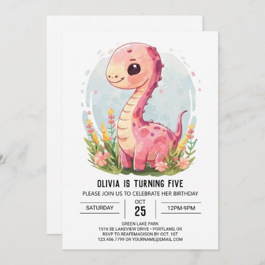 Custom Girly Printable Dinosaurus Meisje Verjaarda Kaart (Voorkant / Achterkant)