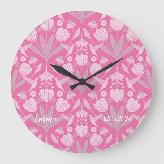 Custom girly rose pink Scandi hummingbirds floral Grote Klok (Voorkant)