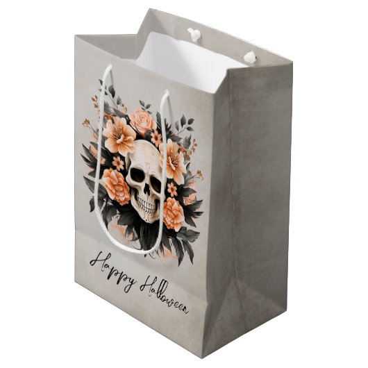 Custom Glam Floral Skull Halloween Medium Cadeauzakje (Voorkant Gekanteld)