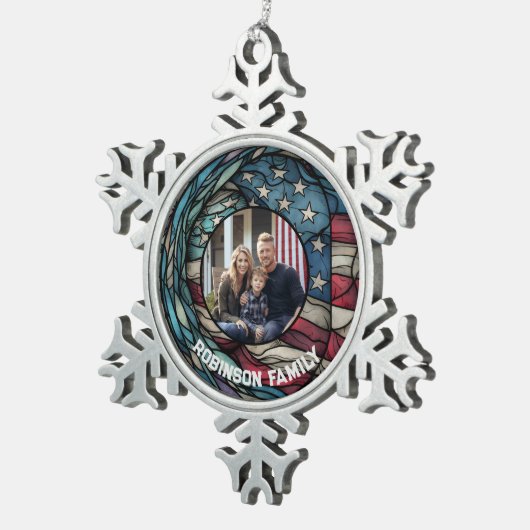 Custom Glas in lood Design USA Flag Patriottisch Tin Sneeuwvlok Ornament (Rechts)