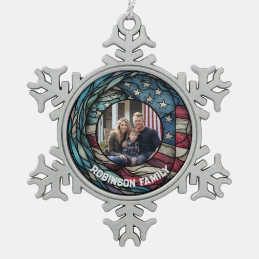 Custom Glas in lood Design USA Flag Patriottisch Tin Sneeuwvlok Ornament (Voorkant)