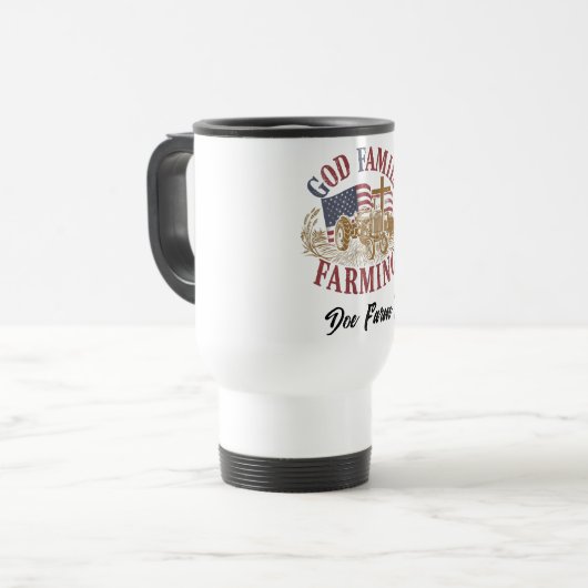 Custom “God Family Farming” Travel Mug Reisbeker (Voorkant links)