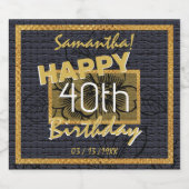 Custom Gold 40e Verjaardag Naam Black Floral Sparkling Wijnetiket (Enkel label)