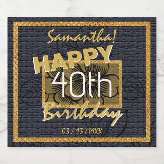 Custom Gold 40e Verjaardag Naam Black Floral Sparkling Wijnetiket (Enkel label)