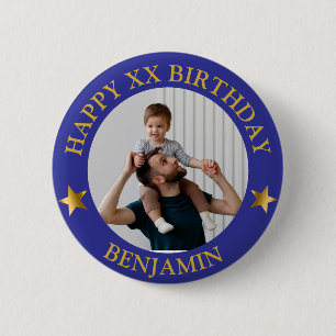 Custom Gold Blue Happy Birthday Foto en leeftijd Ronde Button 5,7 Cm