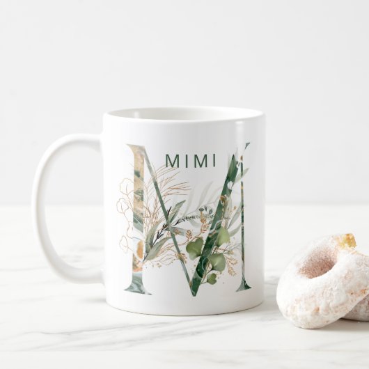 Custom Gold Botanische Eucalyptus Monogram "M" Koffiemok (Met donut)