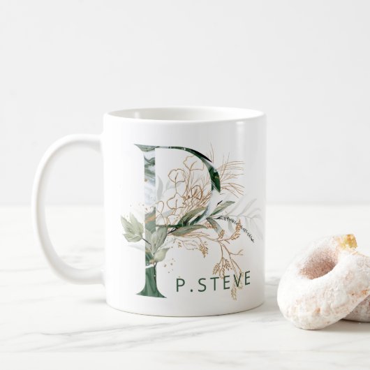 Custom Gold Botanische Eucalyptus Monogram "P" Koffiemok (Met donut)
