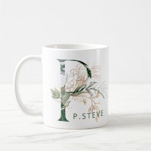 Custom Gold Botanische Eucalyptus Monogram "P" Koffiemok (Links)