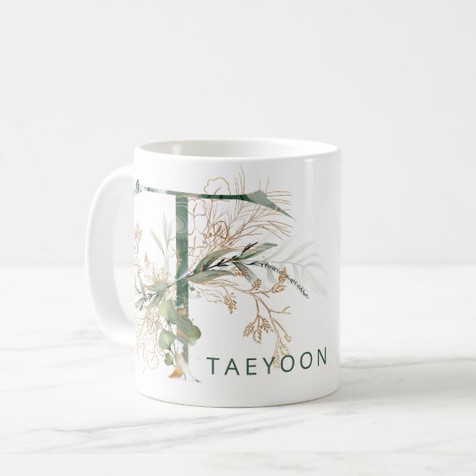 Custom Gold Botanische Eucalyptus Monogram "T" Koffiemok (Voorkant links)