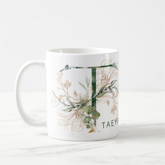 Custom Gold Botanische Eucalyptus Monogram "T" Koffiemok (Links)