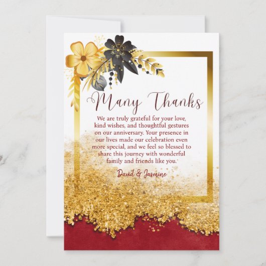 Custom Gold & Bourgondië Foral Wedding Jubileum Bedankkaart (Voorkant)