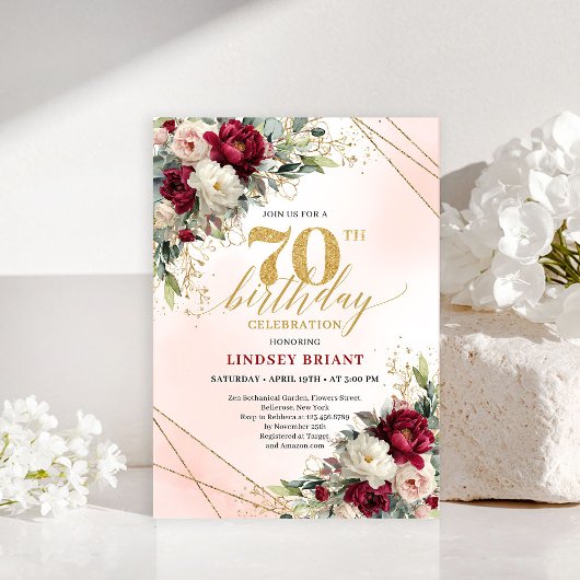Custom gold floral 70th birthday invite for men kaart